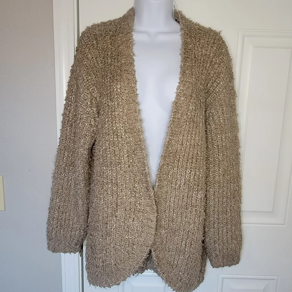 Kensie Soft Fuzzy Tan Open Front Cardigan Sweater Women's M